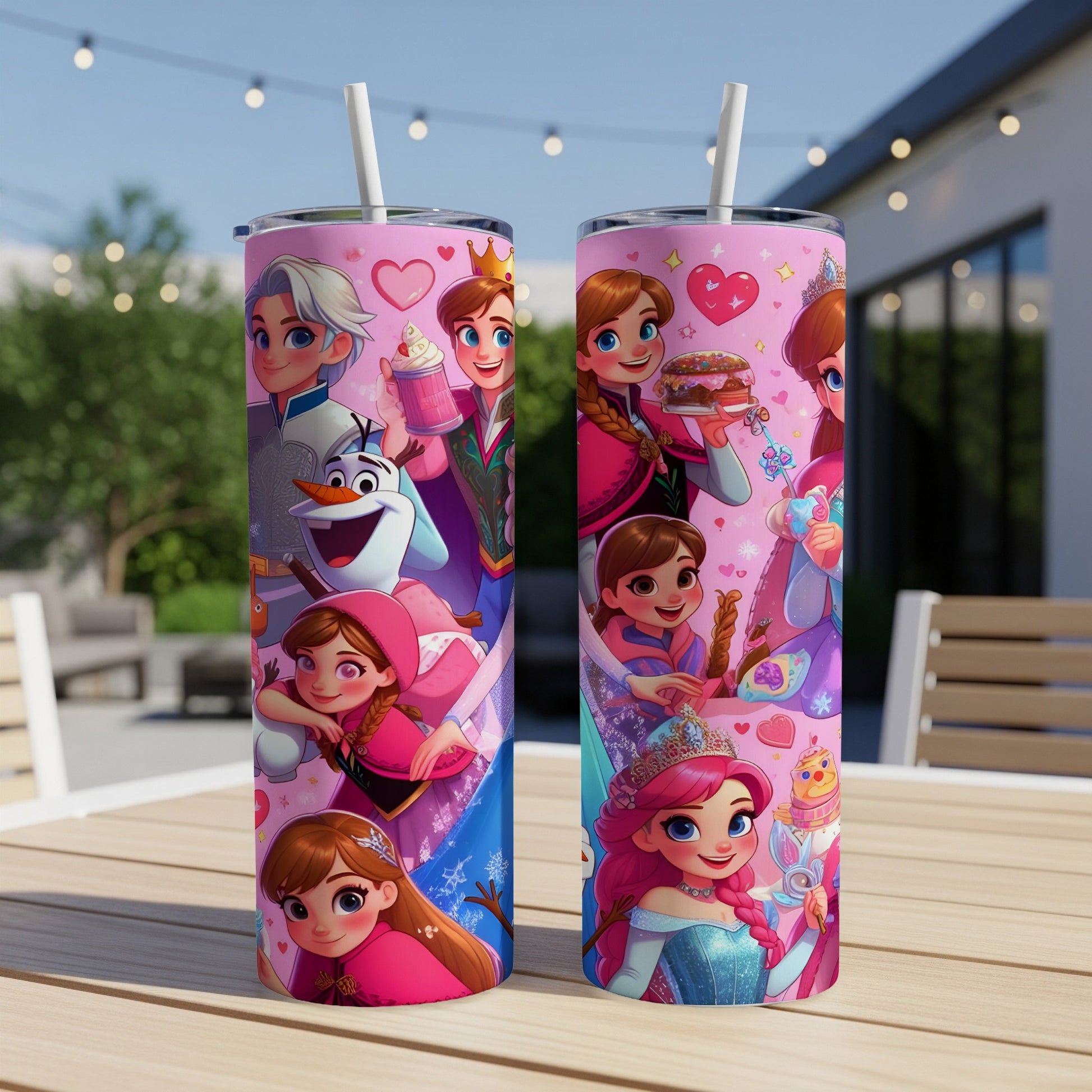 Two tumblers with Disney princesses and characters on a wooden table.