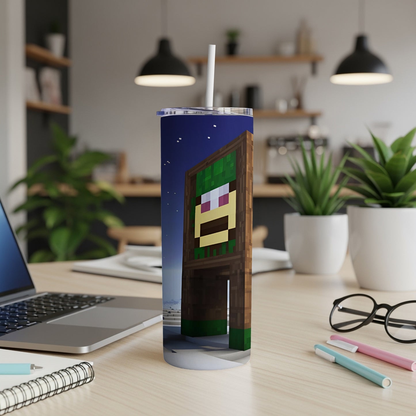 Minecraft Creeper illustration on a tall tumbler with a straw.
