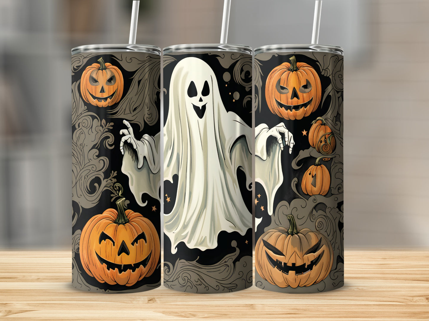 Halloween tumbler with jack-o'-lanterns and a friendly ghost design.