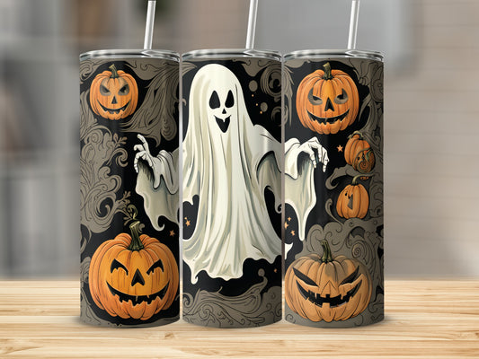 Halloween tumbler with jack-o'-lanterns and a friendly ghost design.