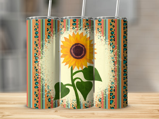 Sunflower design on three tumblers with striped and leopard print borders.