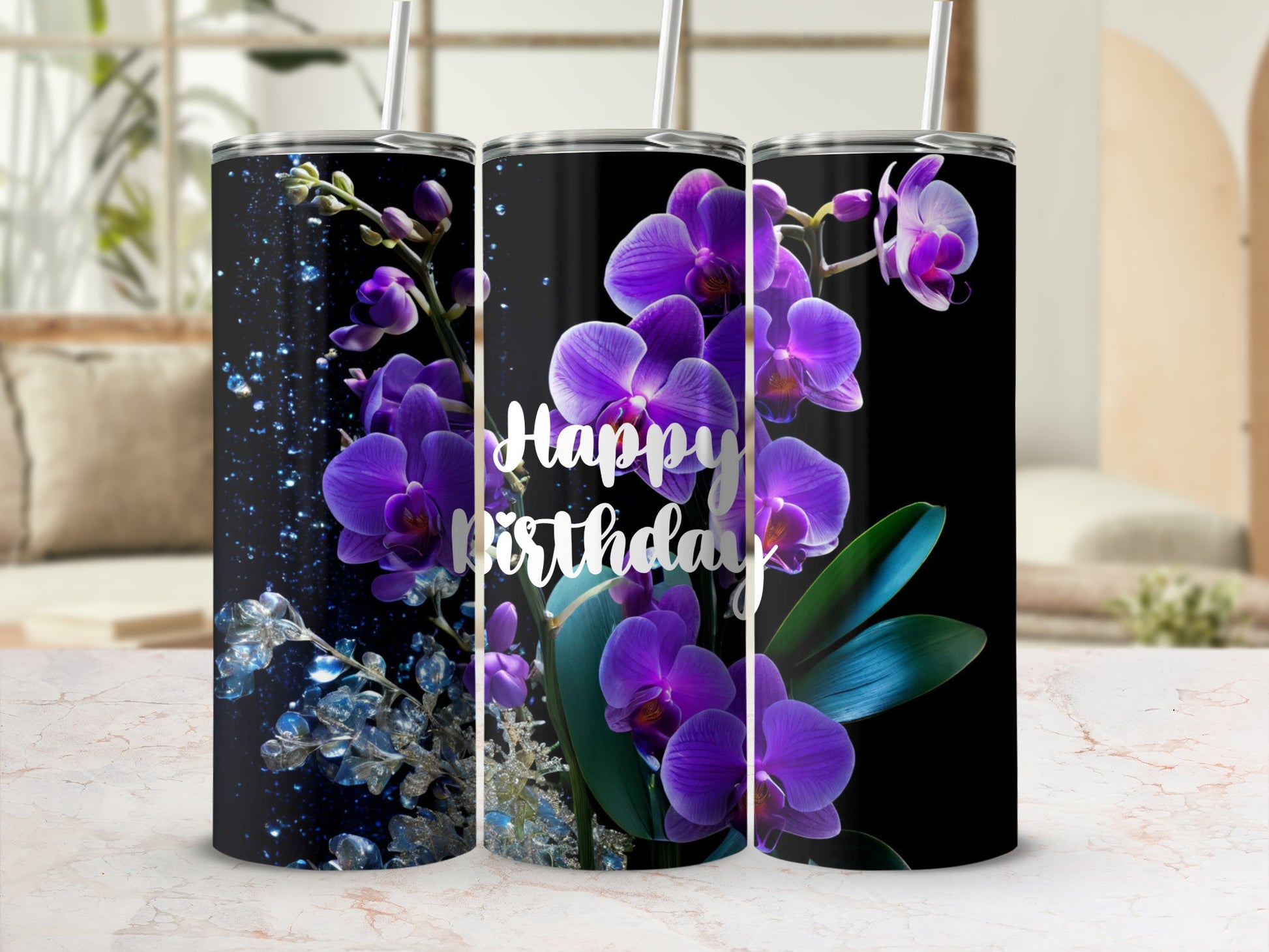 Black tumbler with purple orchids and "Happy Birthday" text.