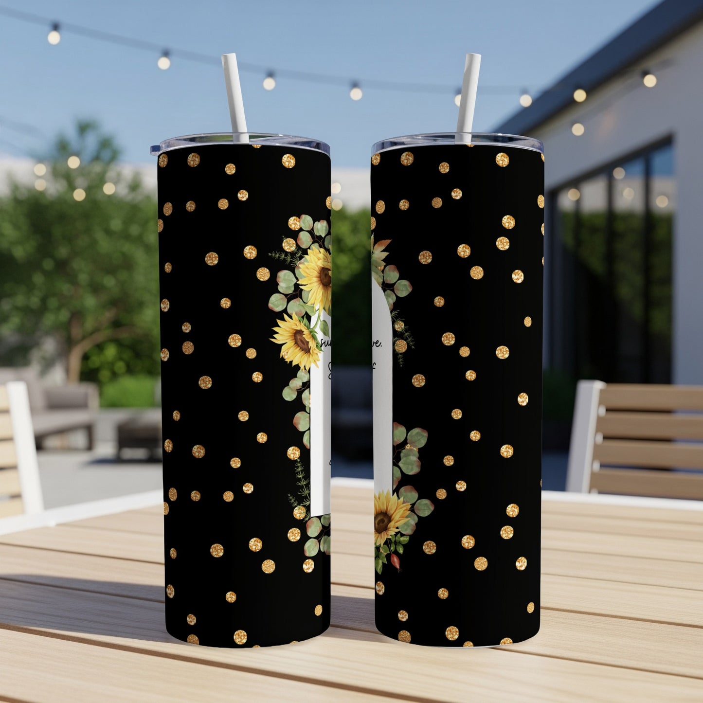 Black tumbler with sunflowers and gold polka dots.