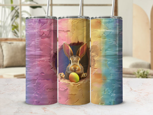 Easter bunny peeking from colorful hollow, holding yellow egg.