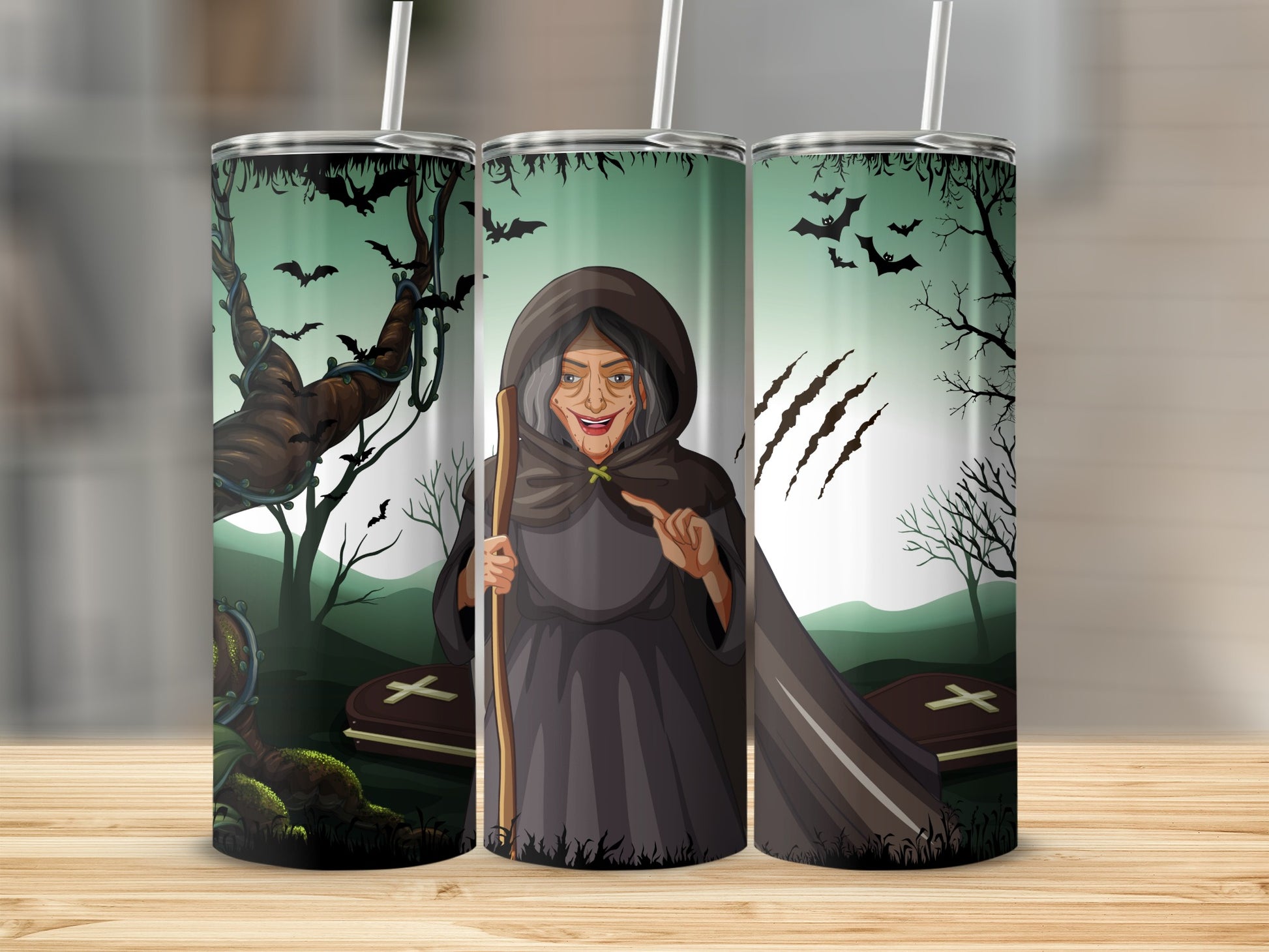 Spooky Witch and Bats Halloween Themed Tumbler Cup