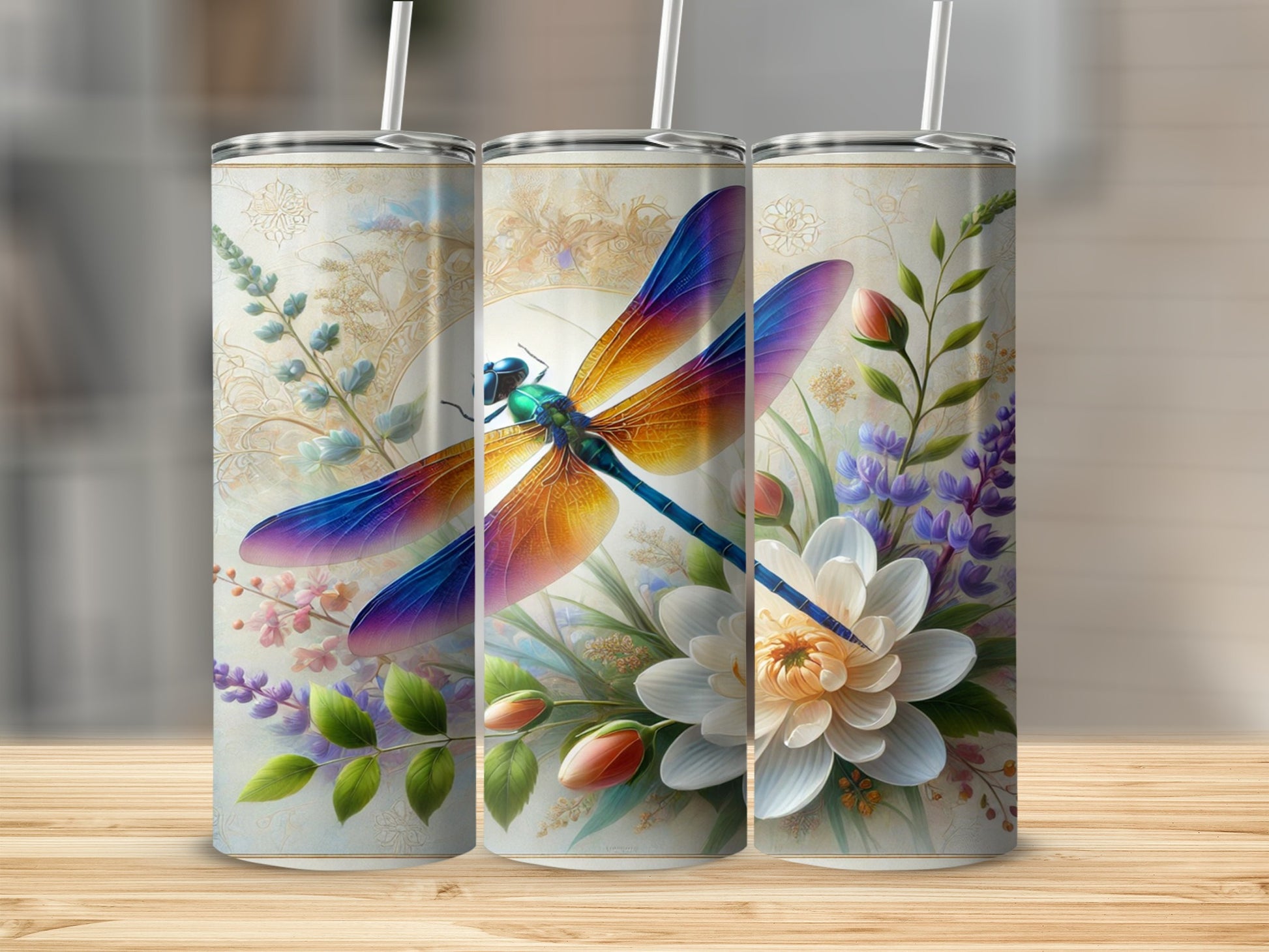 Beautiful Dragonfly and Floral Design Tumbler Cup