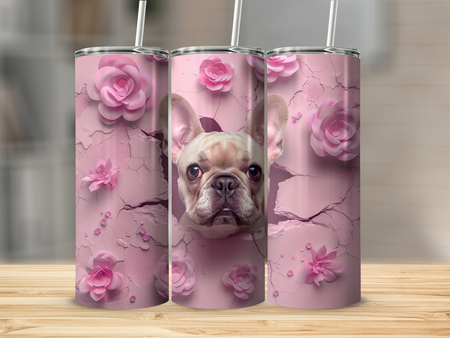 French Bulldog Pink Flowers Cracked Design Tumbler product type
French Bulldog, Frenchie Dog, Puppy Face, Pink Floral, Cracked Design, Paper Flowers, 3D Petals, Blush Pink, Pastel Aesthetic, Cute Dog, Whimsical Art, Unique Tumbler, Dog Lover, Pet Portrait, Flower Power, Animal Design, Textured Background, Canine Art, Drinkware Gift, Pretty Pink