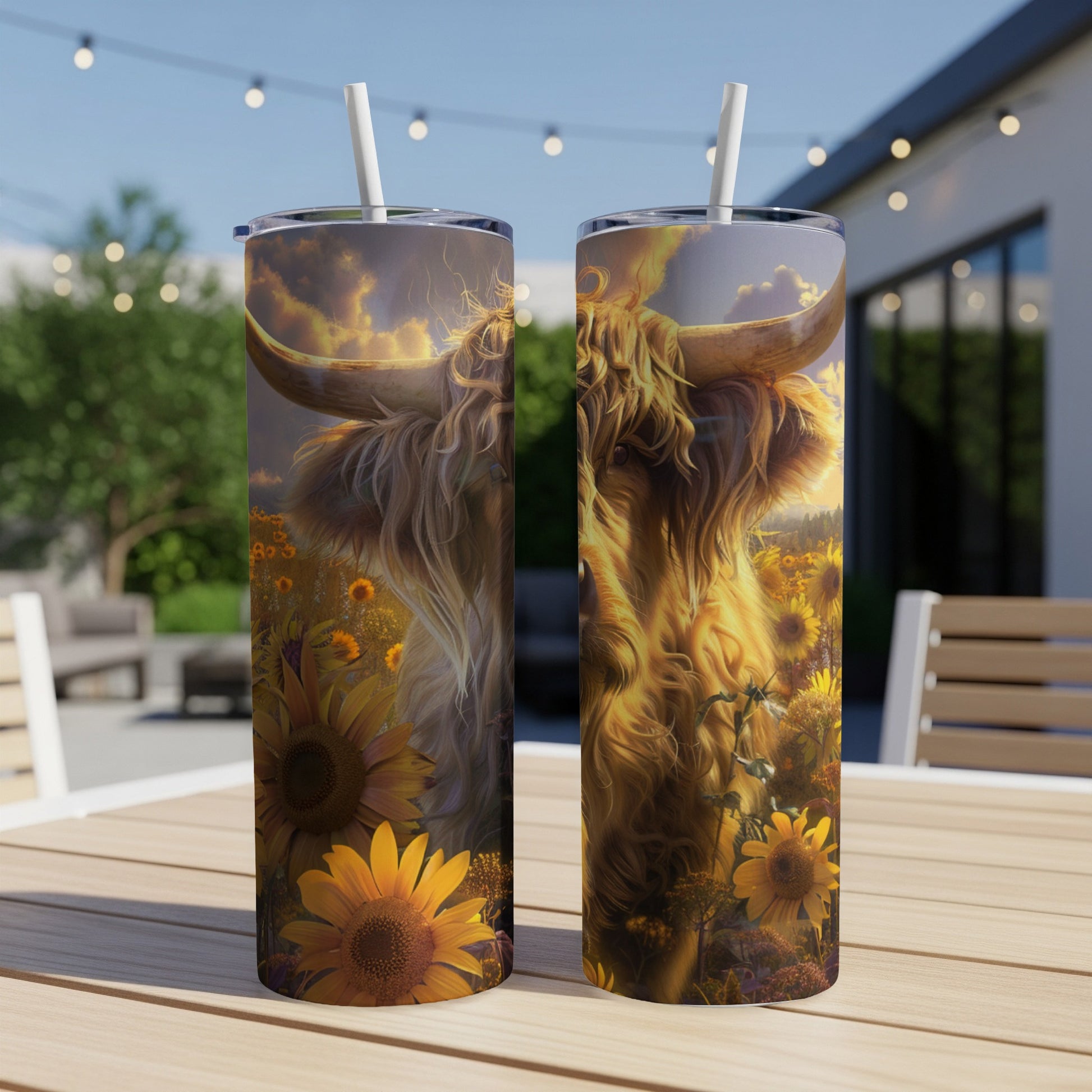 Highland cow and sunflowers on a tall tumbler.