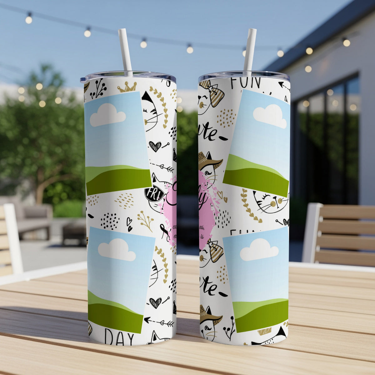Two tumblers with a repeating pattern of cats, clouds, and nature elements.