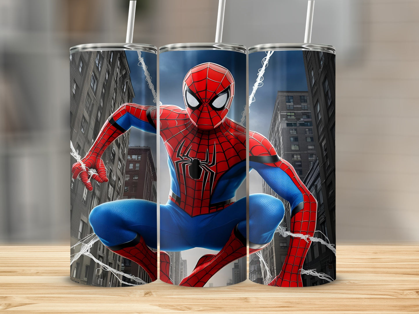 Spider-Man crouching in a city scene, featured on three tumblers.
