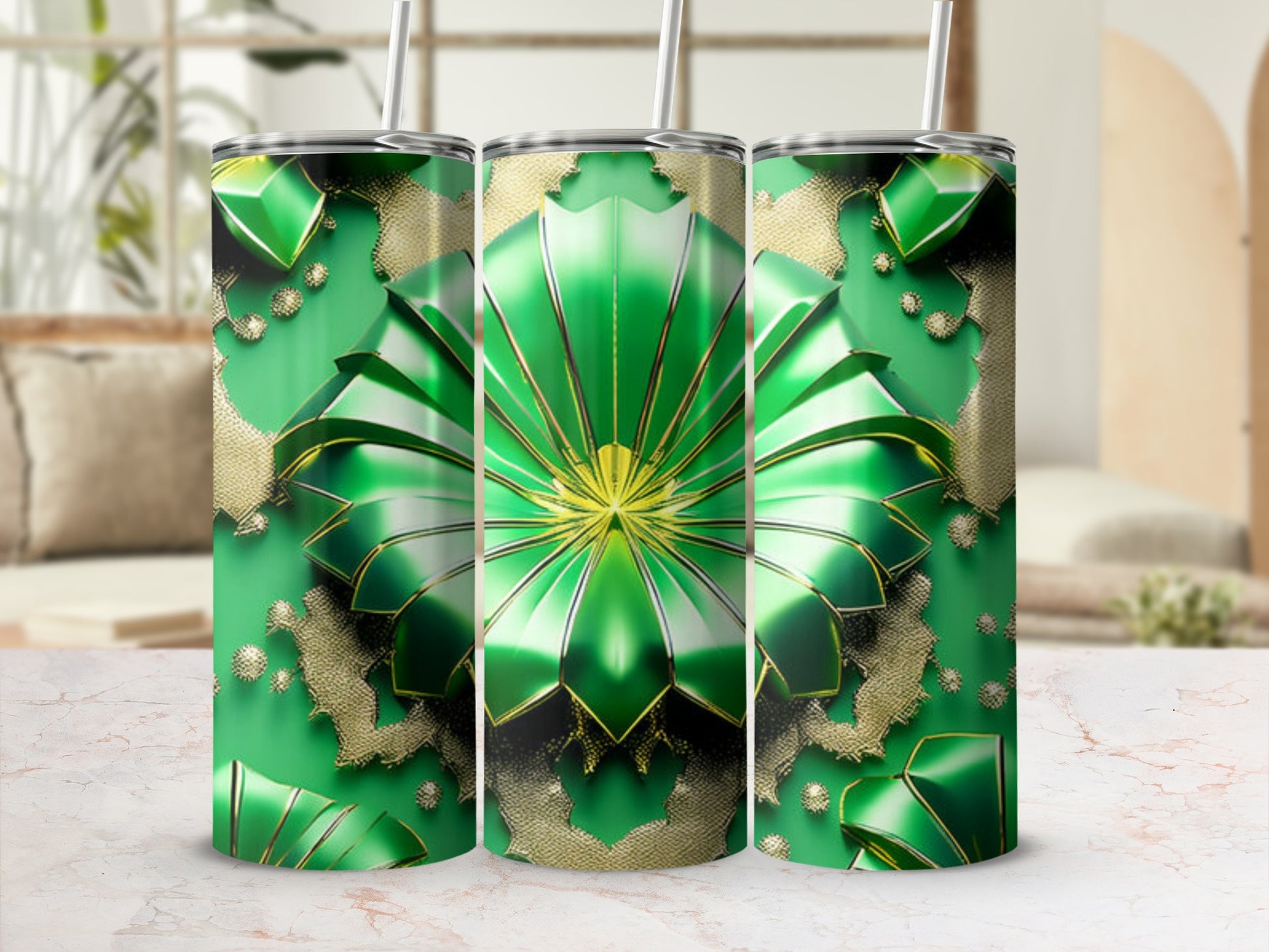 Green metallic floral pattern on tumblers with gold accents.