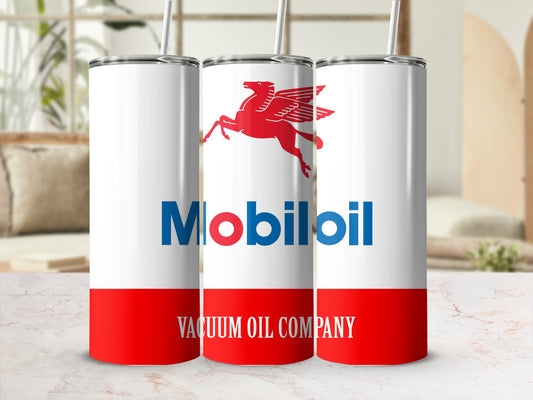 Mobil Oil Company tumbler with red and white branding and Pegasus logo.