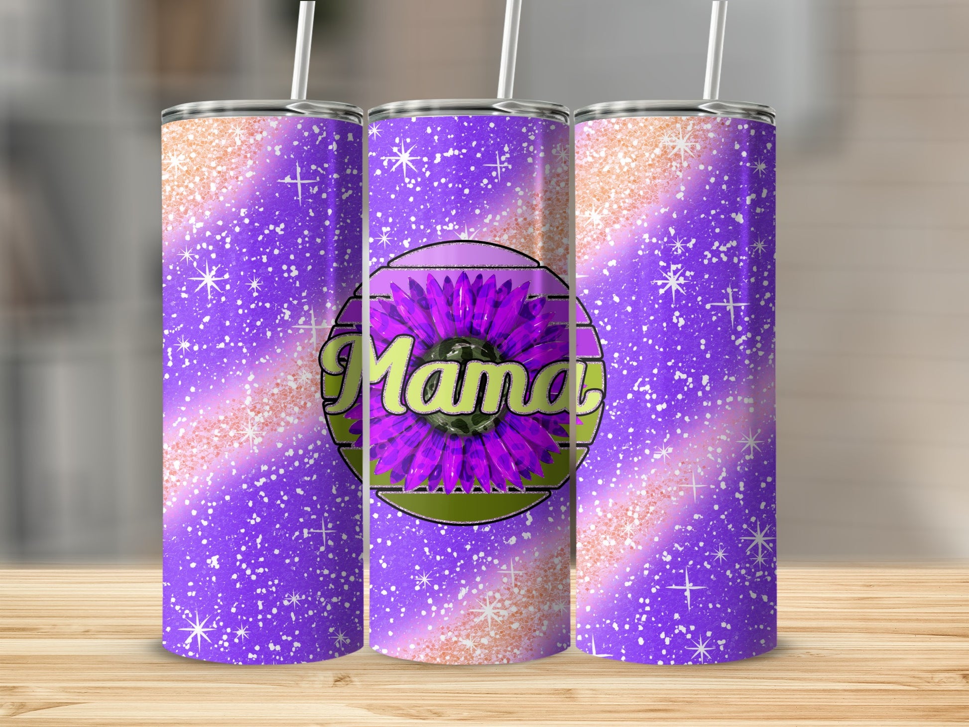 Sparkling Purple Mama Flower Design Tumbler
