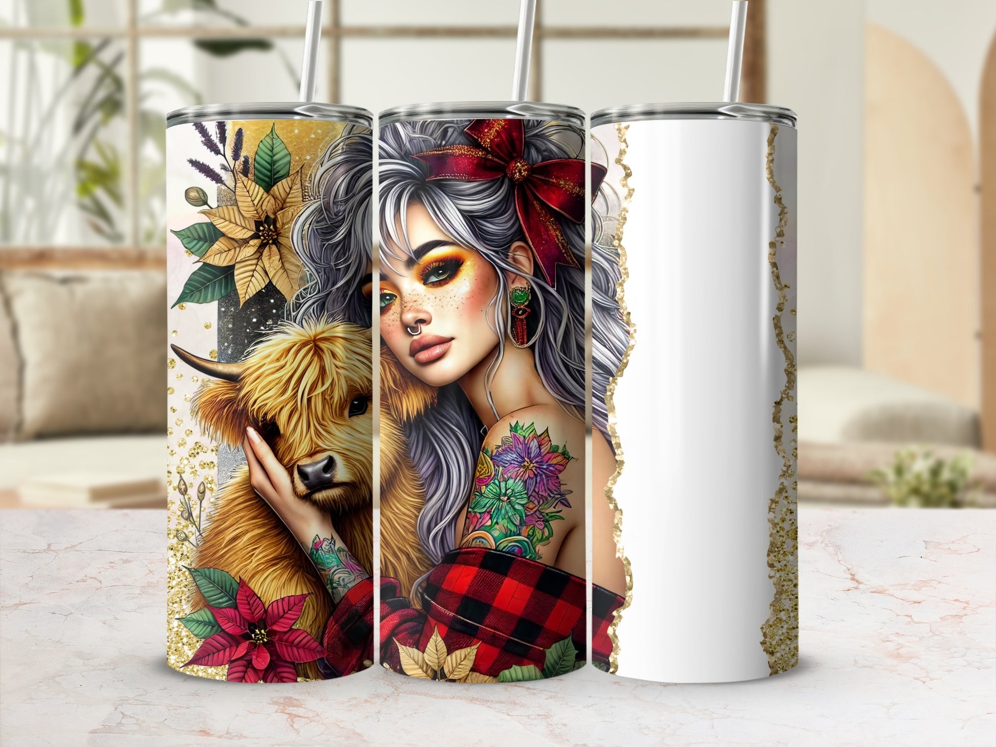 Young woman with colorful tattoos and Highland cow.