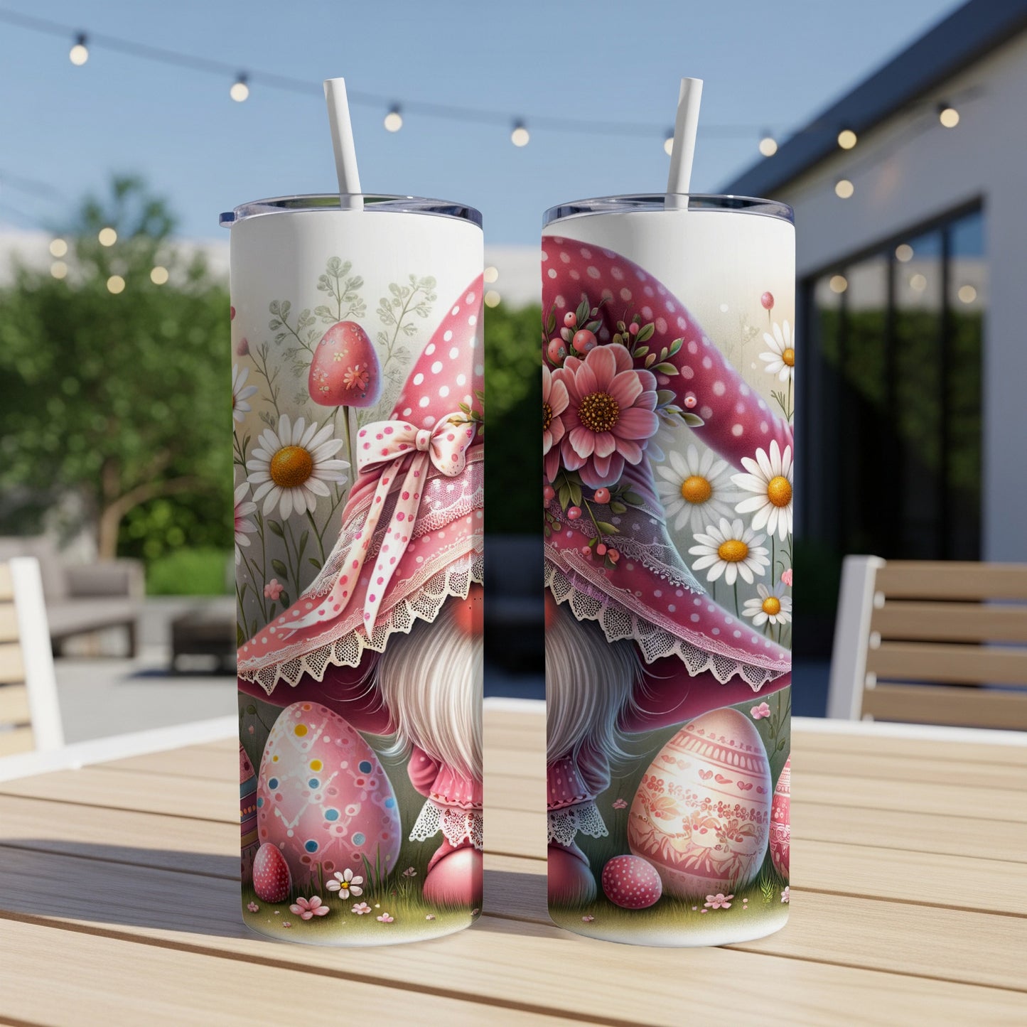 Easter gnome with decorated eggs and flowers on a tall tumbler.