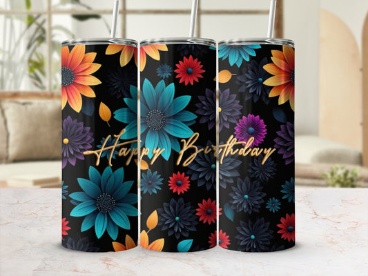 Birthday tumbler with colorful floral pattern and gold "Happy Birthday" text.