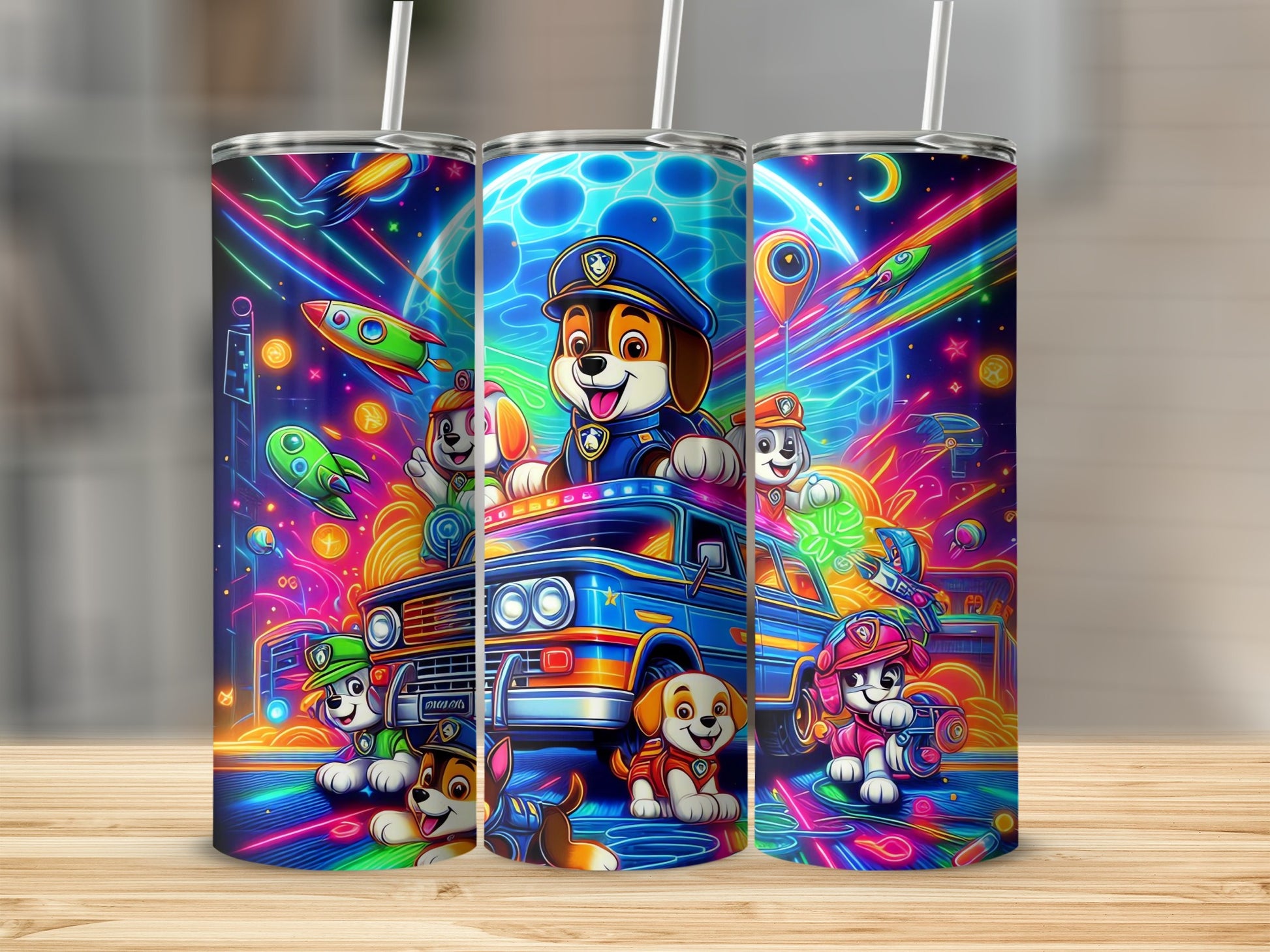 Neon Space Adventure Cartoon Dog Characters Tumbler