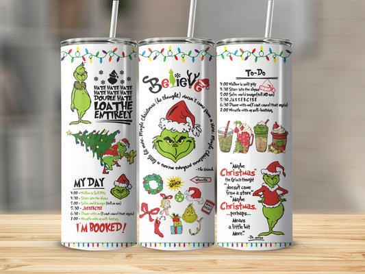 Grinch tumbler with Christmas to-do list and quotes.