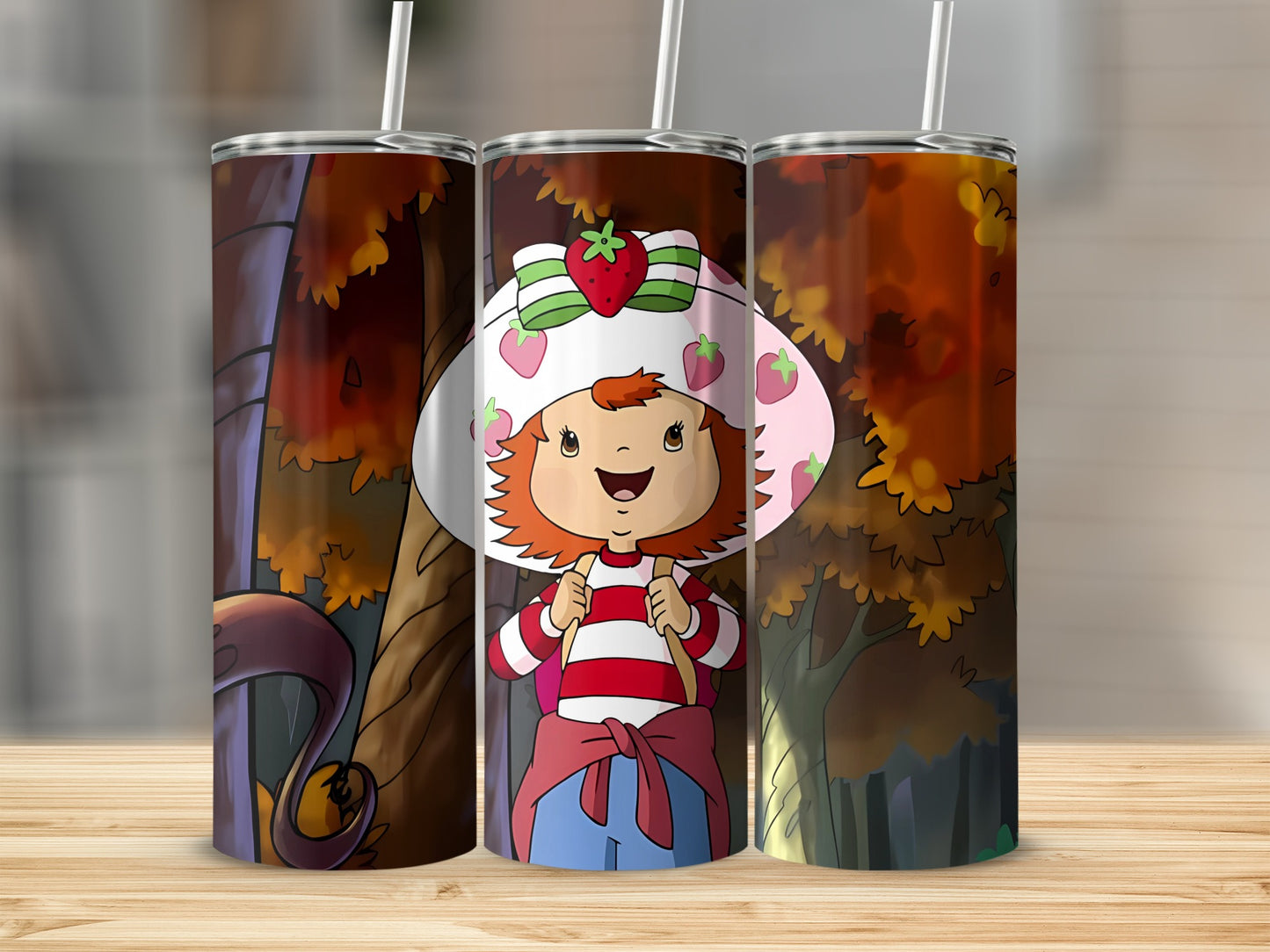 Strawberry Shortcake character wearing a striped shirt and hat in a forest.