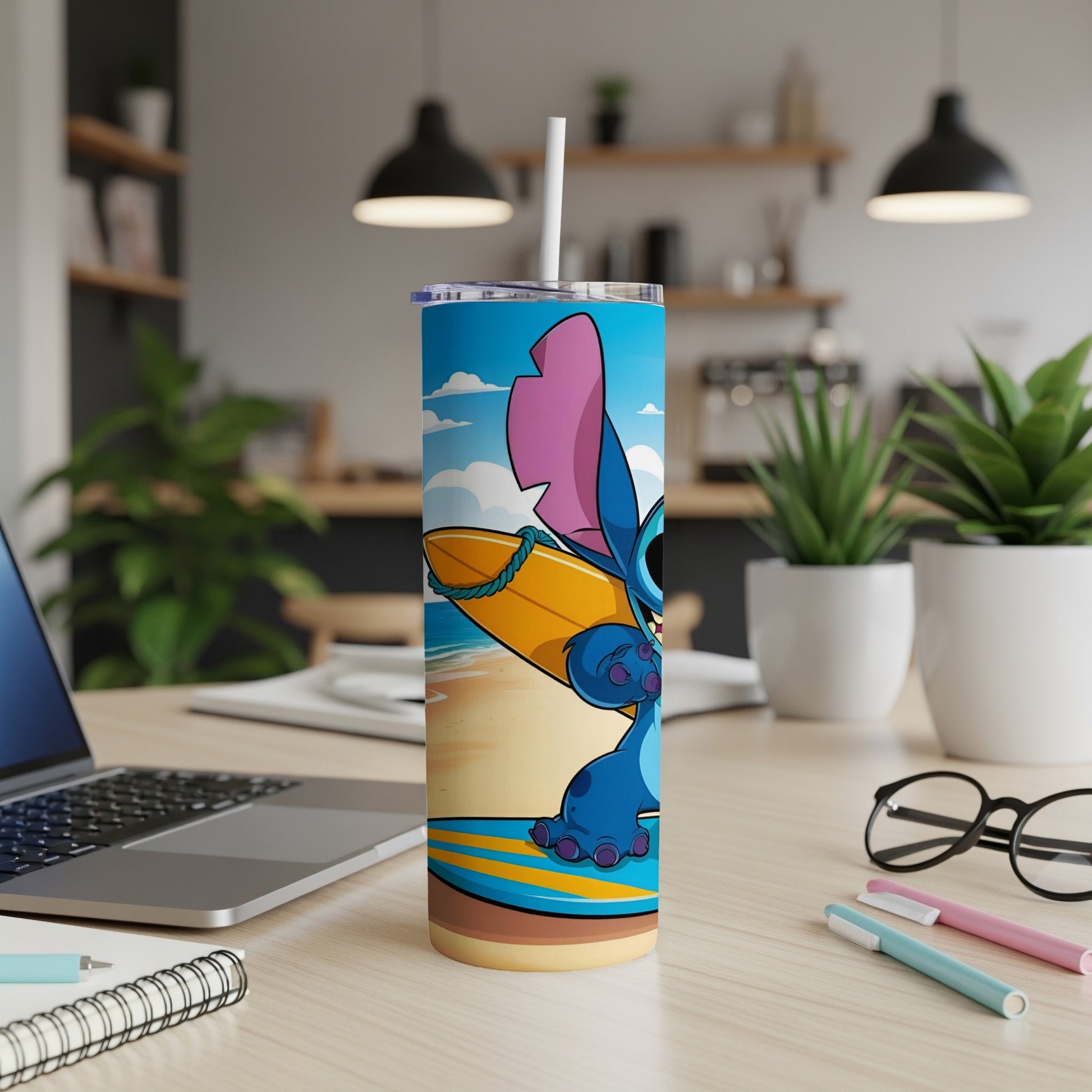 Stitch from Lilo & Stitch on a surfboard, holding a straw, on a tumbler.