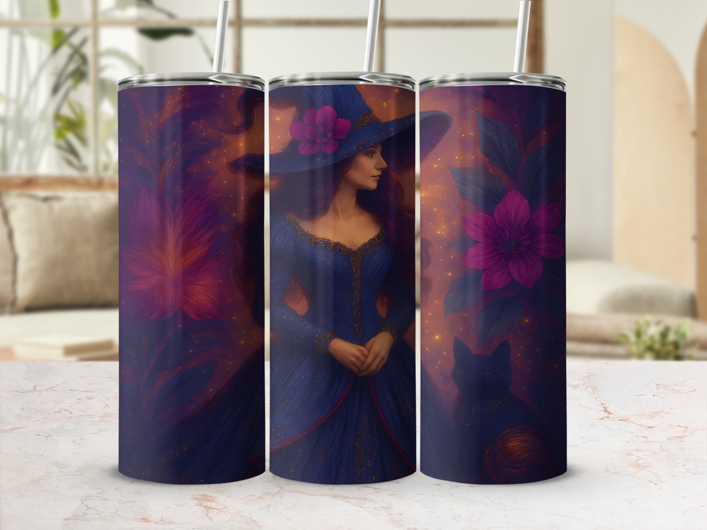 Three tumblers with a witch and floral design, featuring a woman in a blue dress and hat.