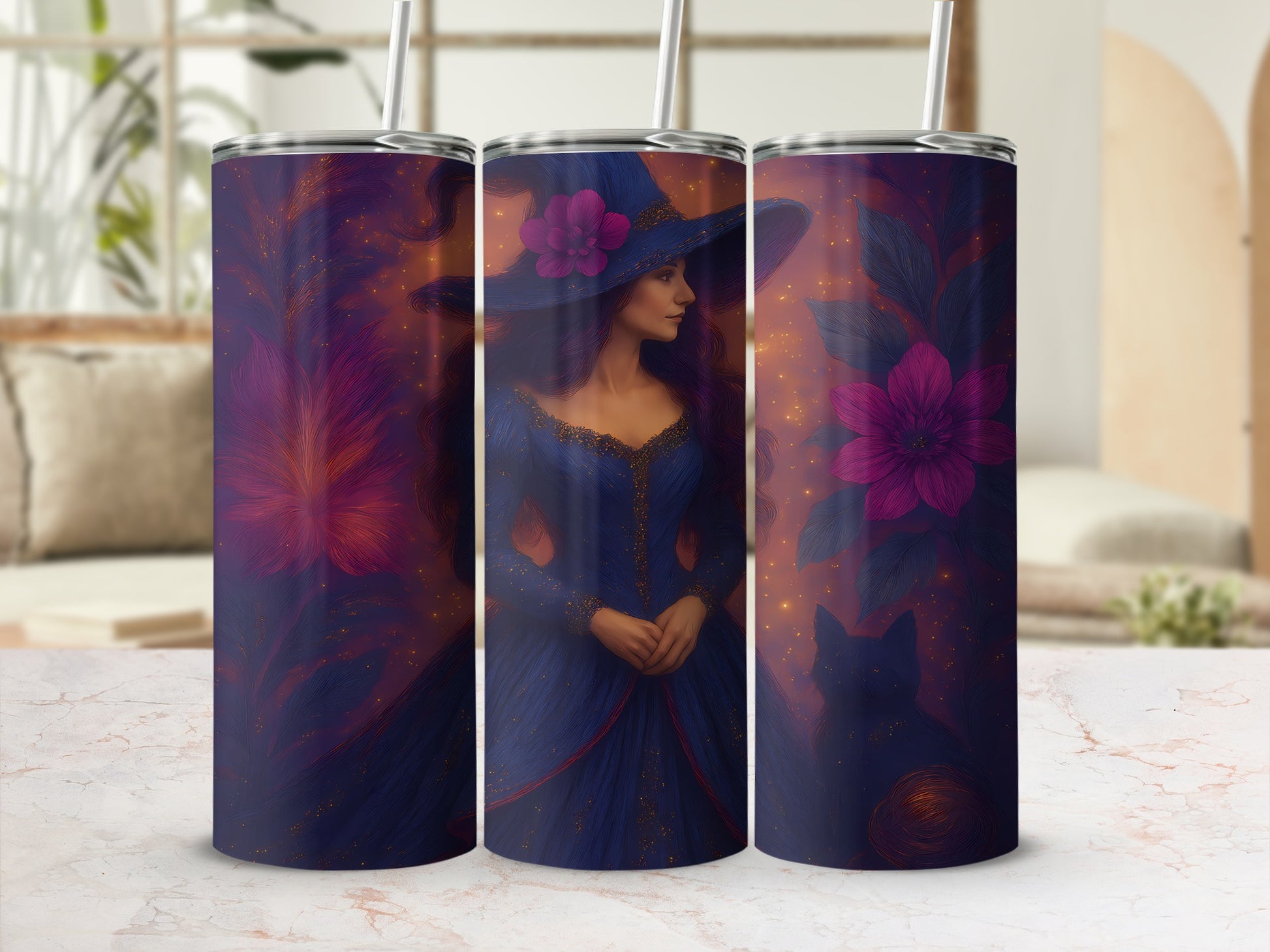 Three tumblers with a witch and floral design, featuring a woman in a blue dress and hat.