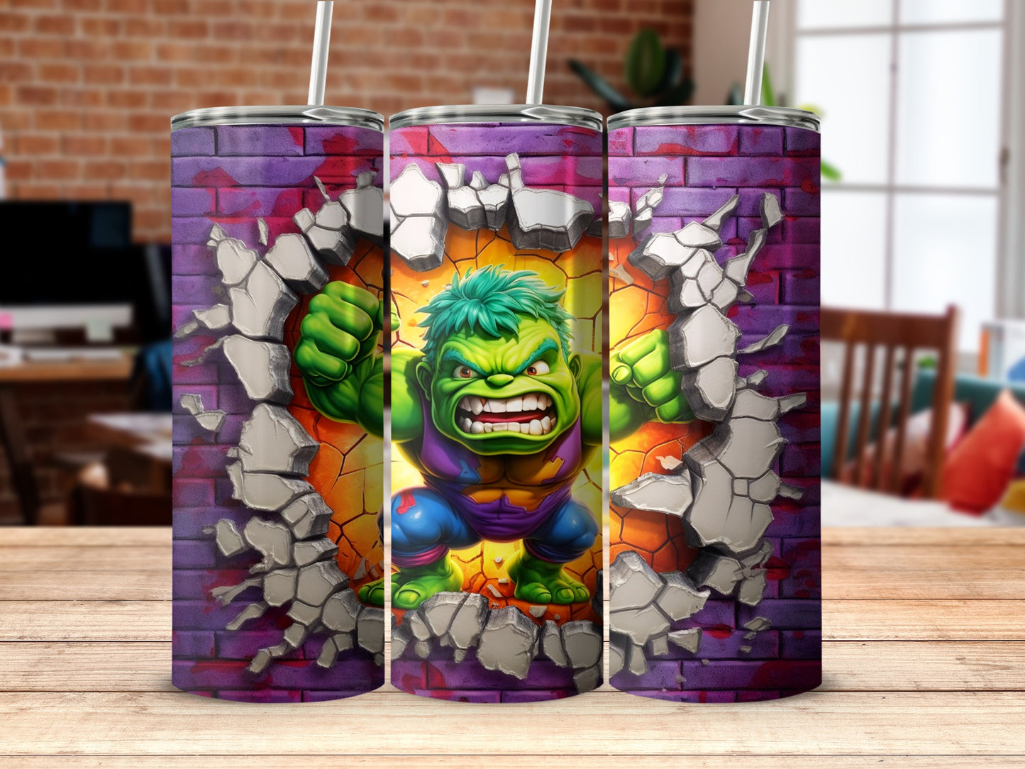 Fierce Hulk Character Smashing Through Wall Tumbler