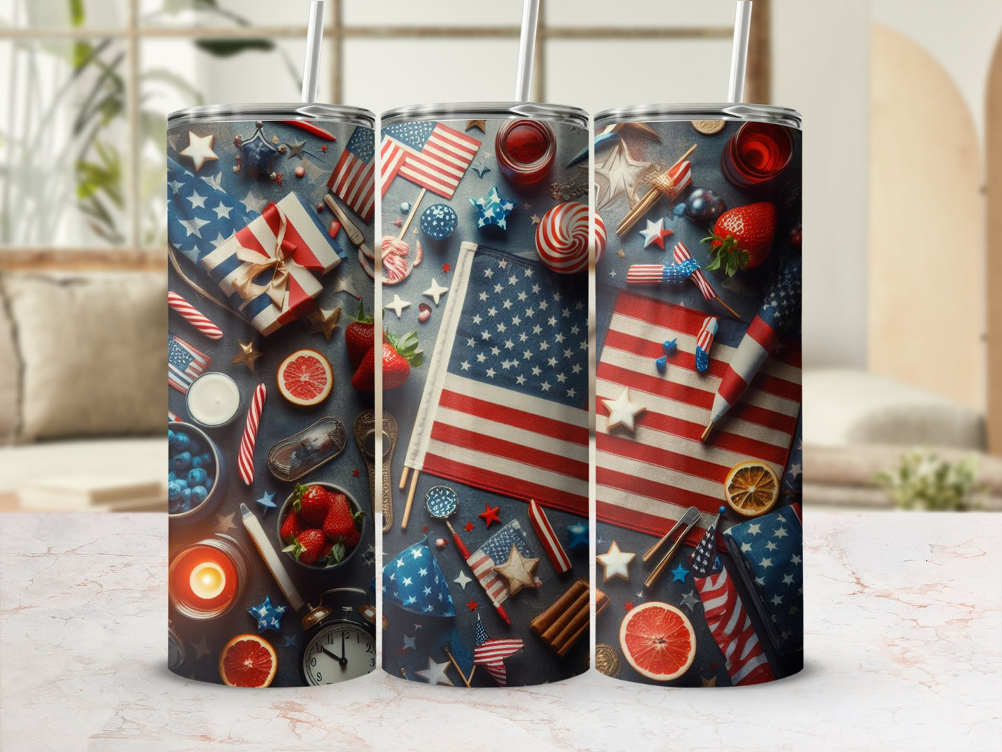 Tumbler with American flag, strawberries, and patriotic decorations.