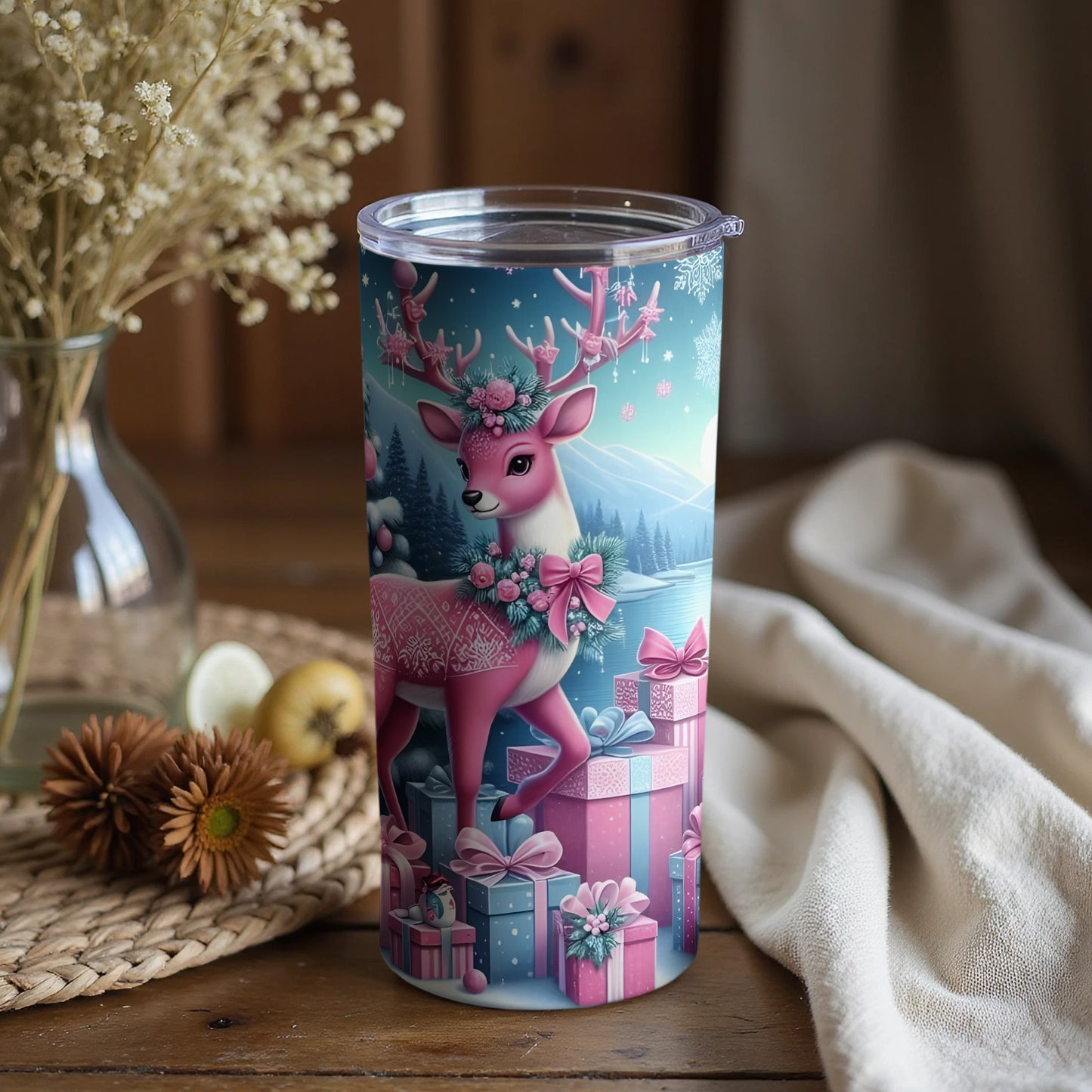Pink Deer with Gifts and Snowflakes Tumbler