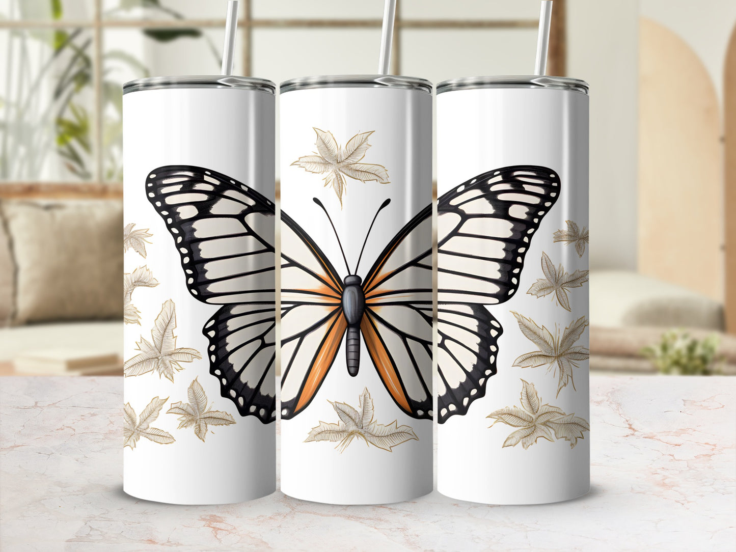 White tumbler with large butterfly and leaf pattern.