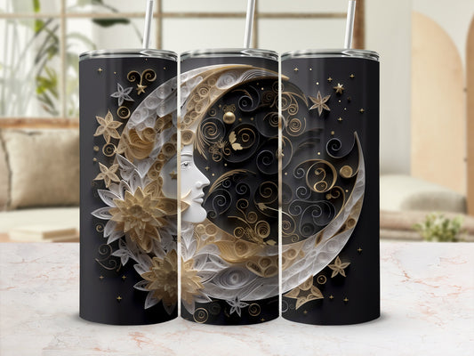 Black tumbler with crescent moon and celestial floral design.