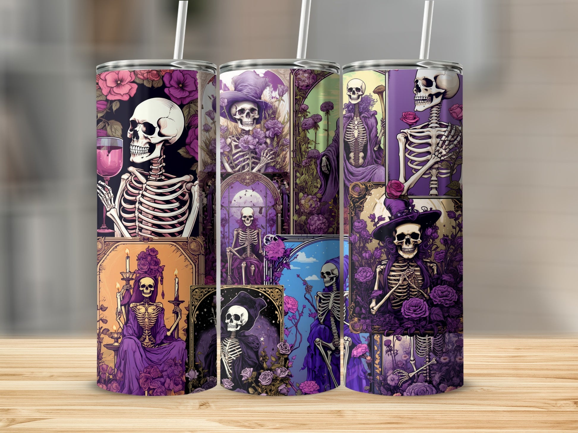 Gothic Skeleton Art with Floral Design Tumblers