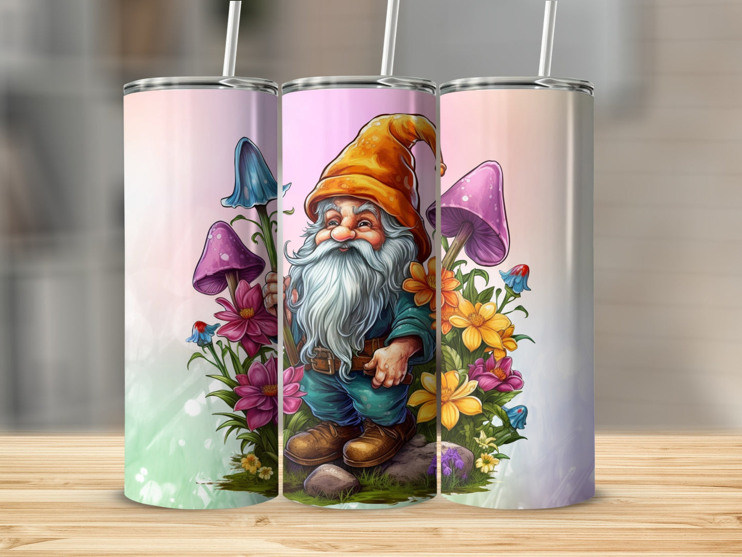 Colorful Garden Gnome with Mushrooms Tumbler Product