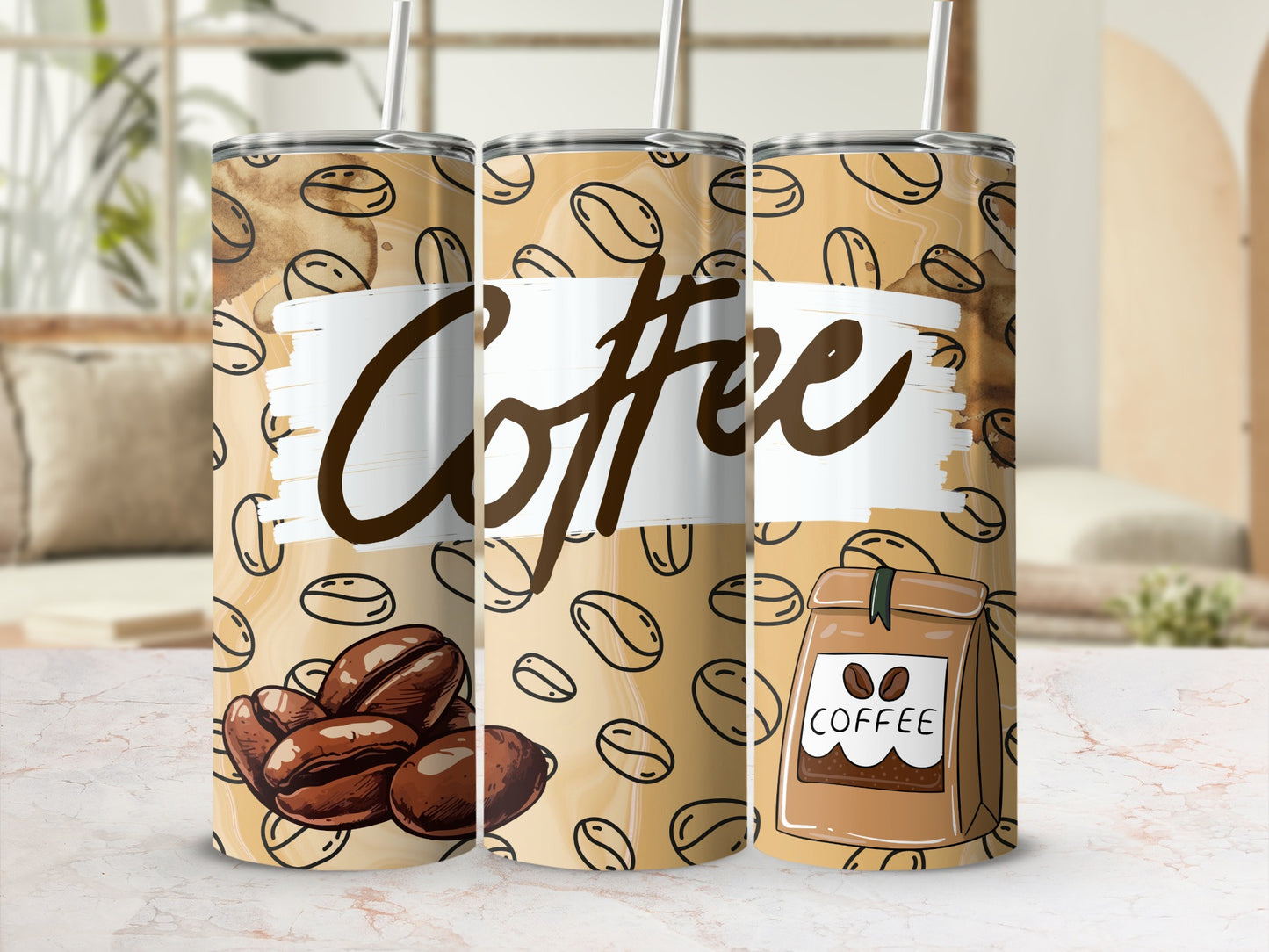 Coffee Beans & Bag Themed Stainless Steel Tumbler