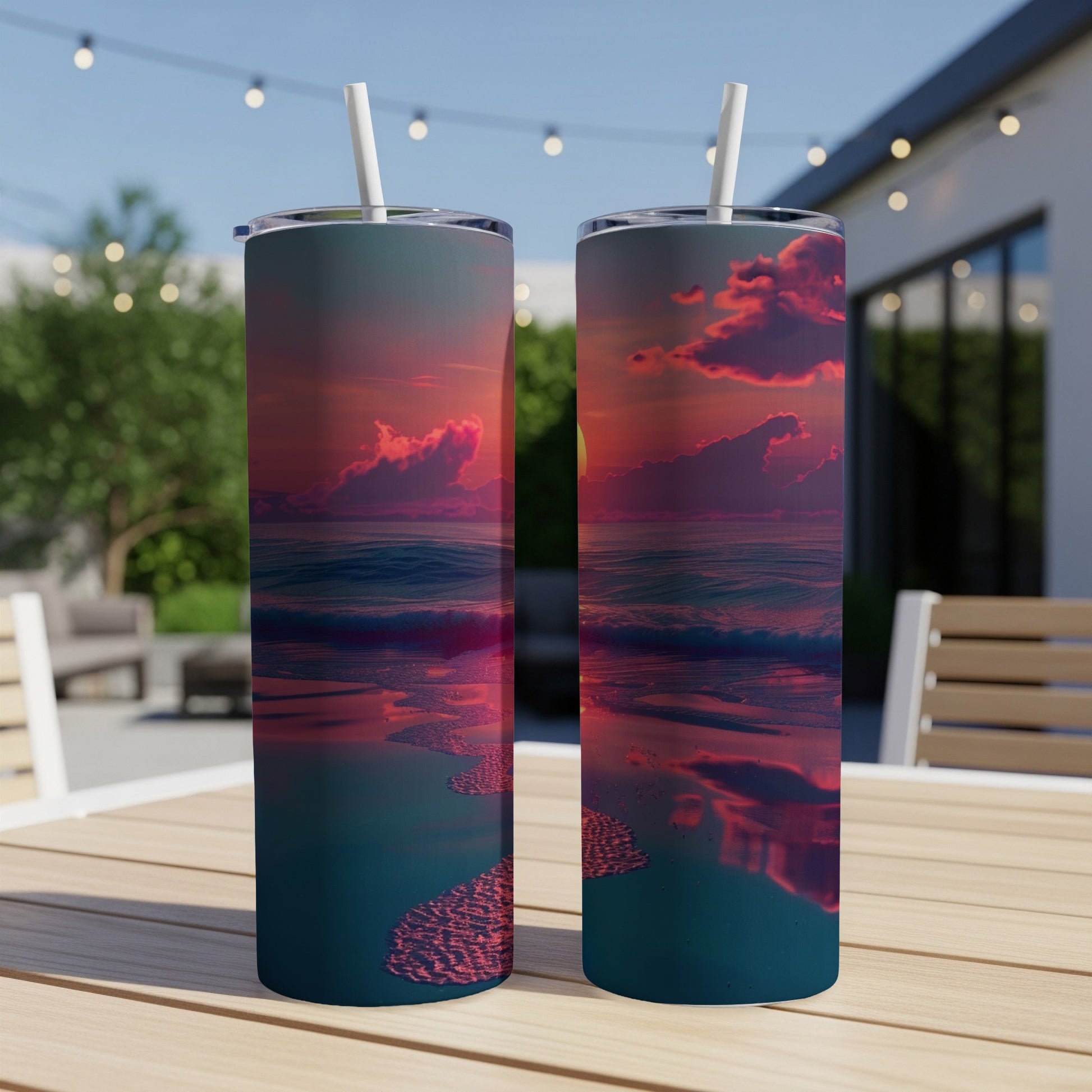 Two tumblers displaying a vibrant sunset over the ocean.