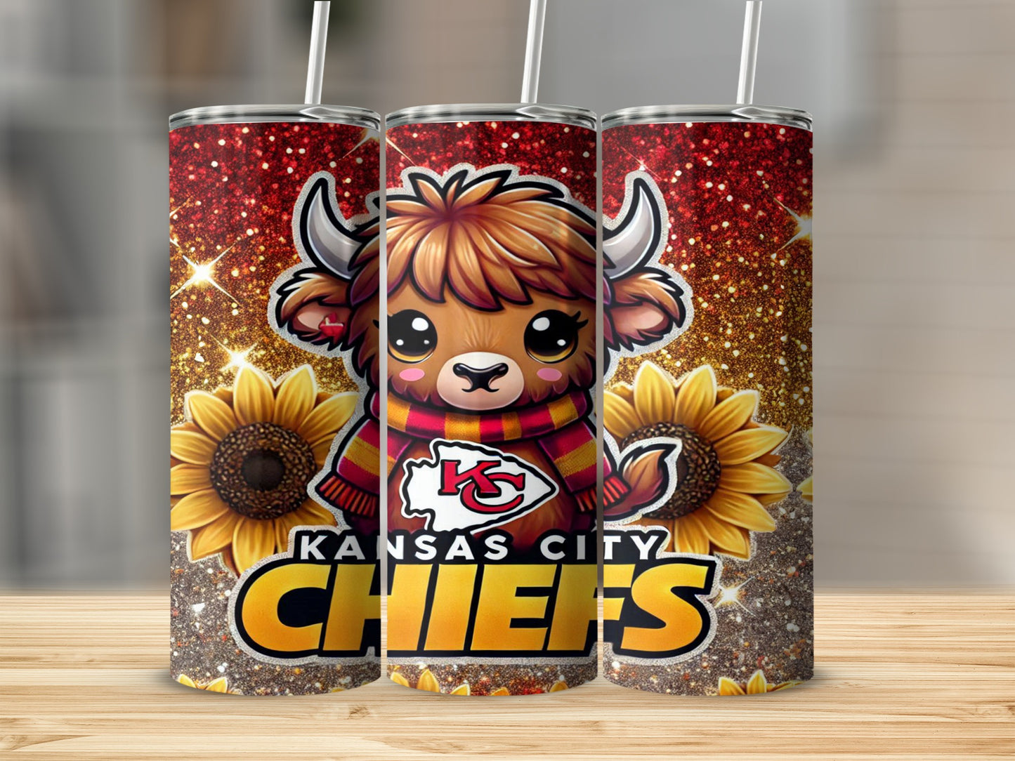 Kansas City Chiefs Highland cow with sunflowers on sparkly tumbler.