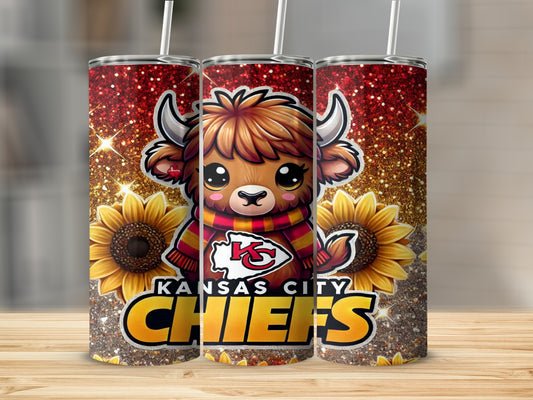 Kansas City Chiefs Highland cow with sunflowers on sparkly tumbler.