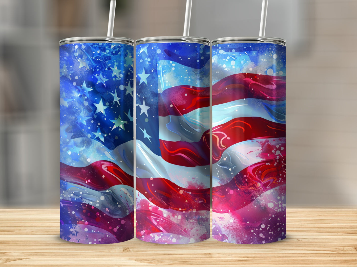Three tumblers with patriotic star and stripe watercolor designs.