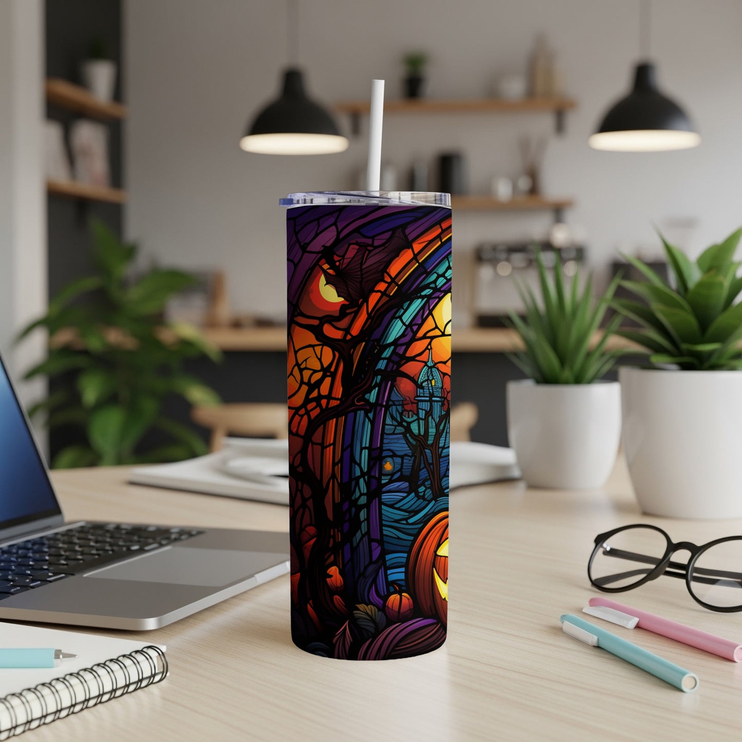 Stained glass style tumbler with Halloween imagery.