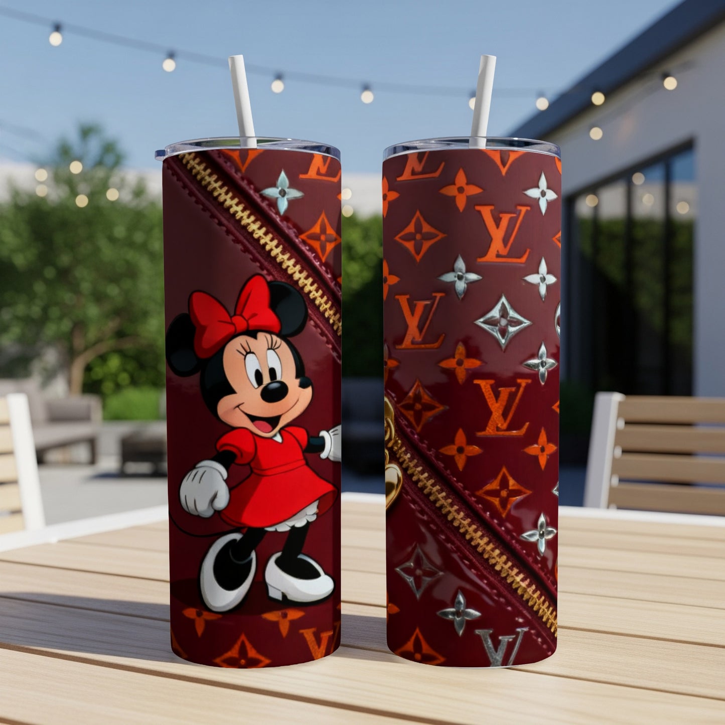 Minnie Mouse and Louis Vuitton pattern on a tumbler.