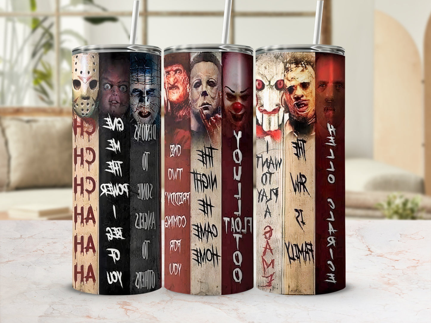 Three tumblers with horror movie characters and text.