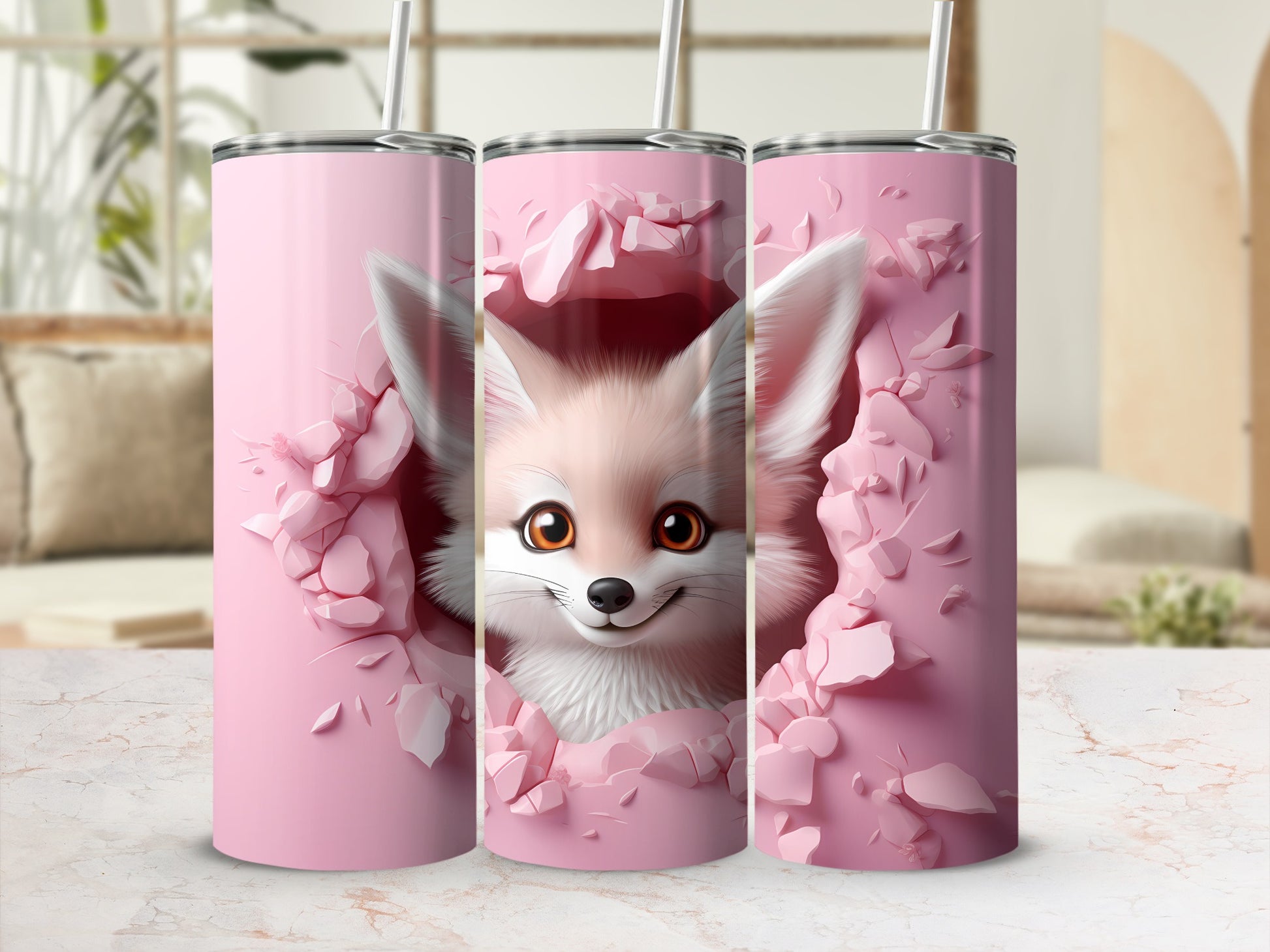 Cute Fox Face Pink Shattered Wall Travel Mug Design