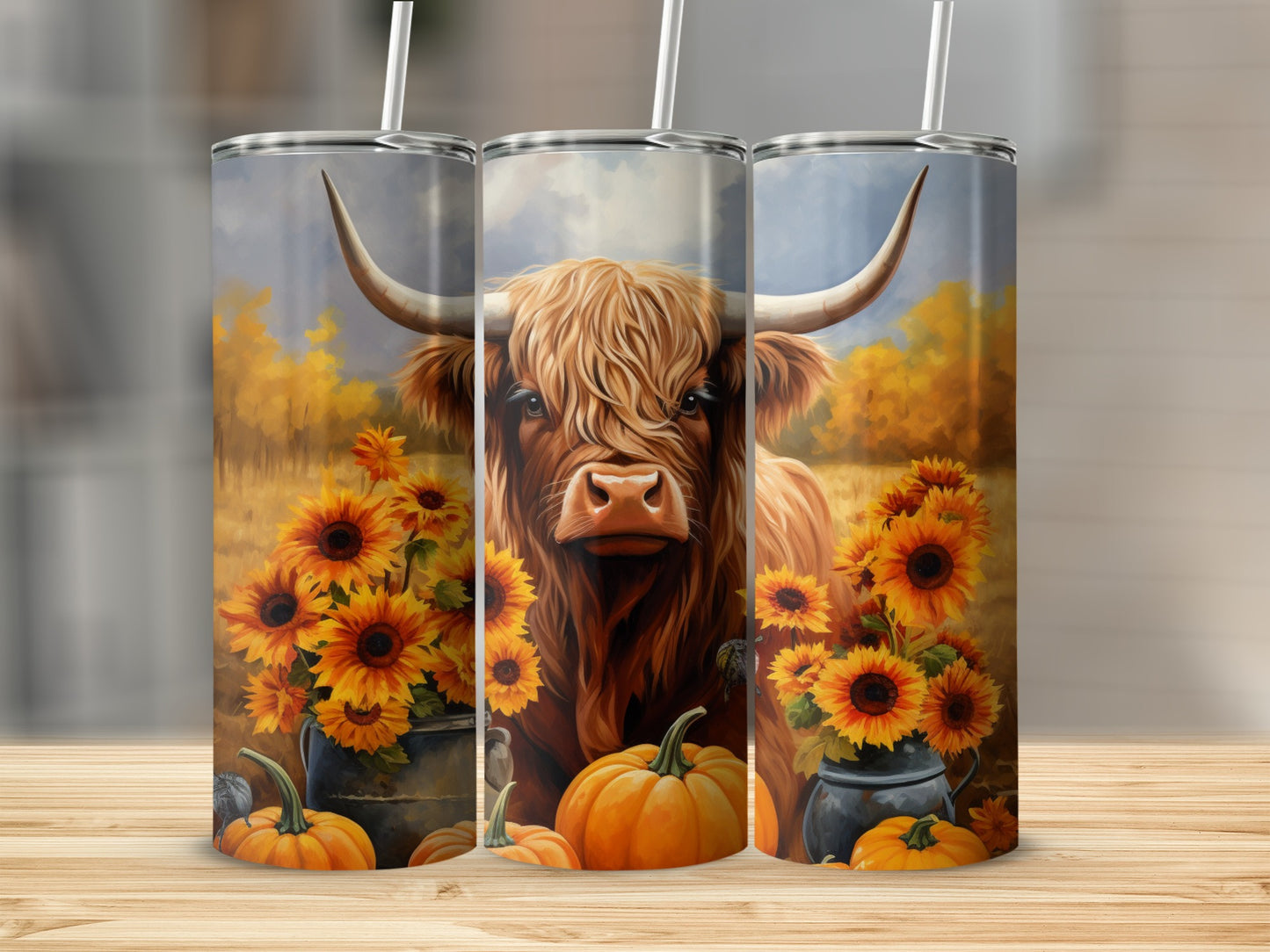 Highland Cow Sunflowers and Pumpkins Tumbler Cup