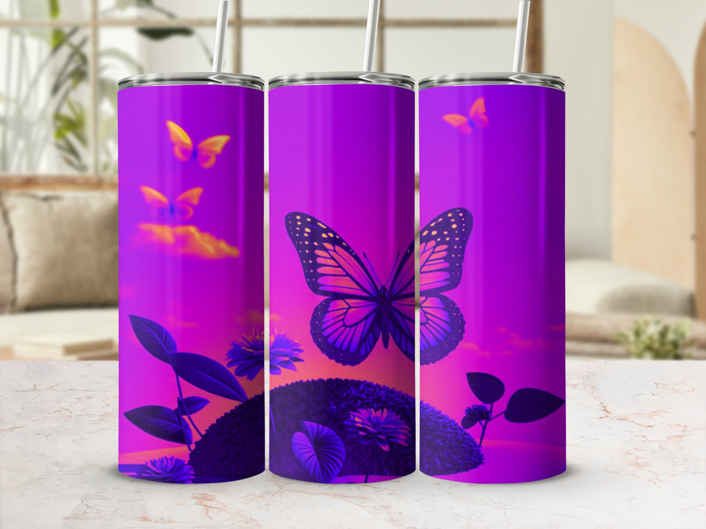 Purple tumbler with butterfly and floral designs.