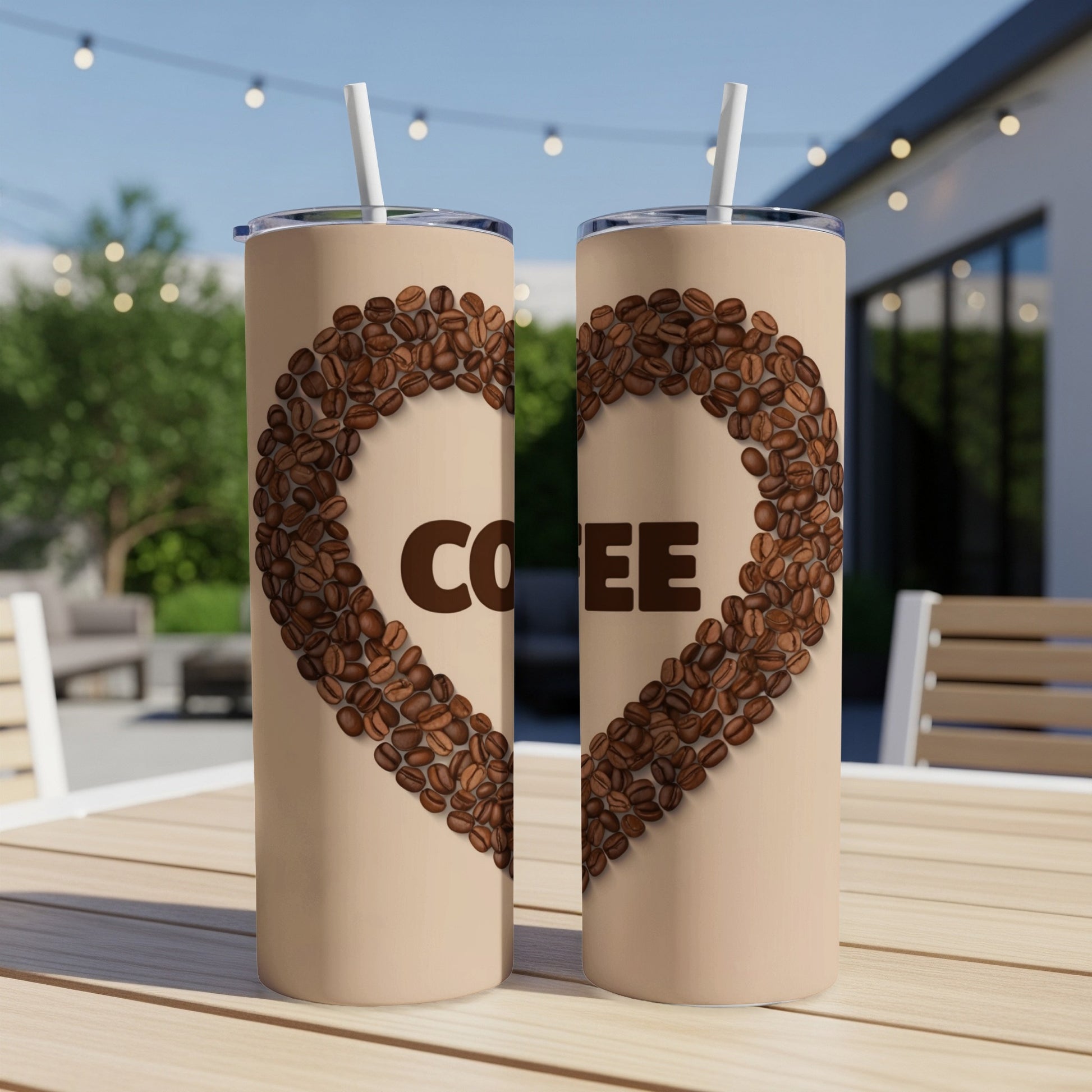 Two coffee tumblers with coffee beans forming a heart shape and the word "COFFEE".