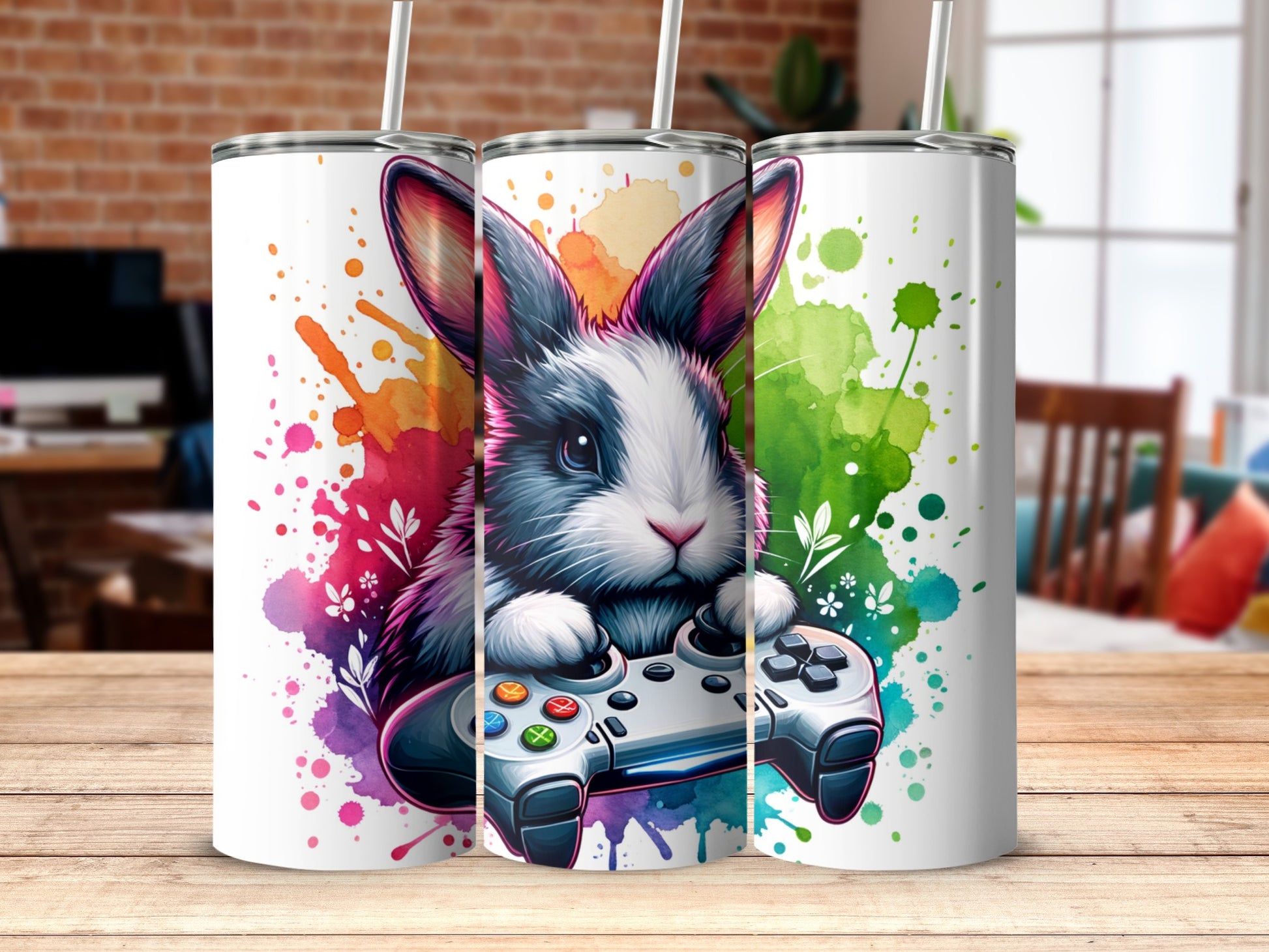 Cute Bunny with Game Controller Design Tumbler