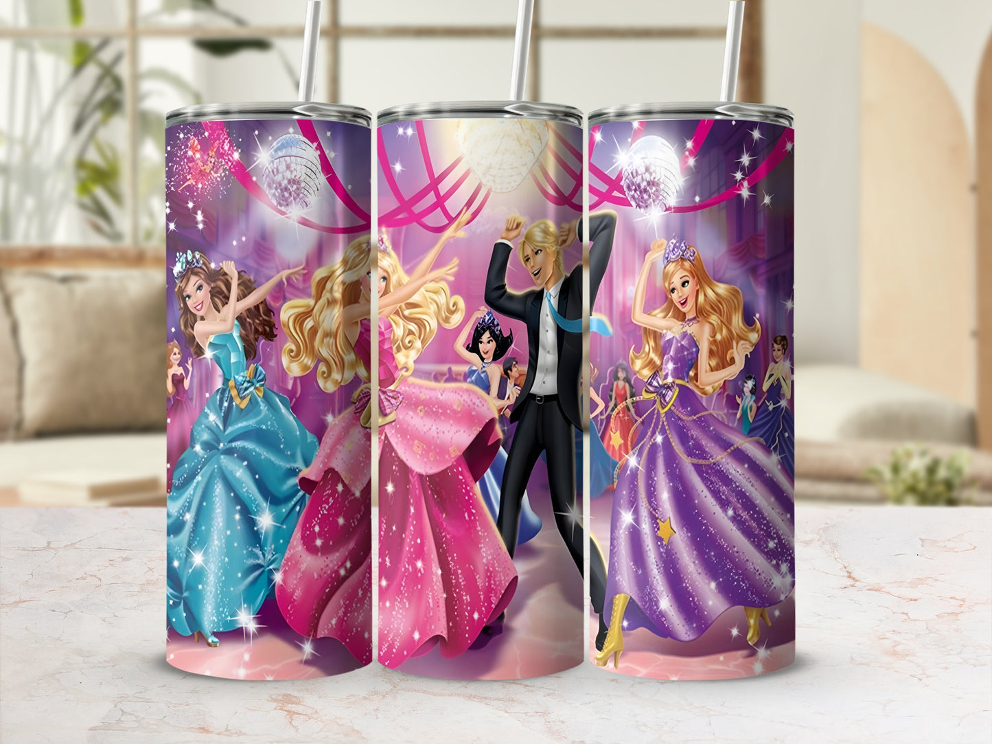 Three Barbie dolls dancing under disco balls in colorful ballgowns and a tuxedo.