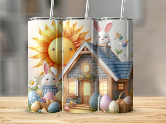 Easter bunnies and painted eggs surround a whimsical house under a sunny sky.