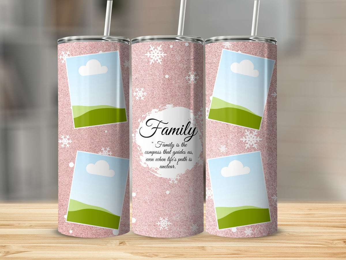 Pink glitter tumbler with snowflakes, photo placeholders, and "Family" quote.
