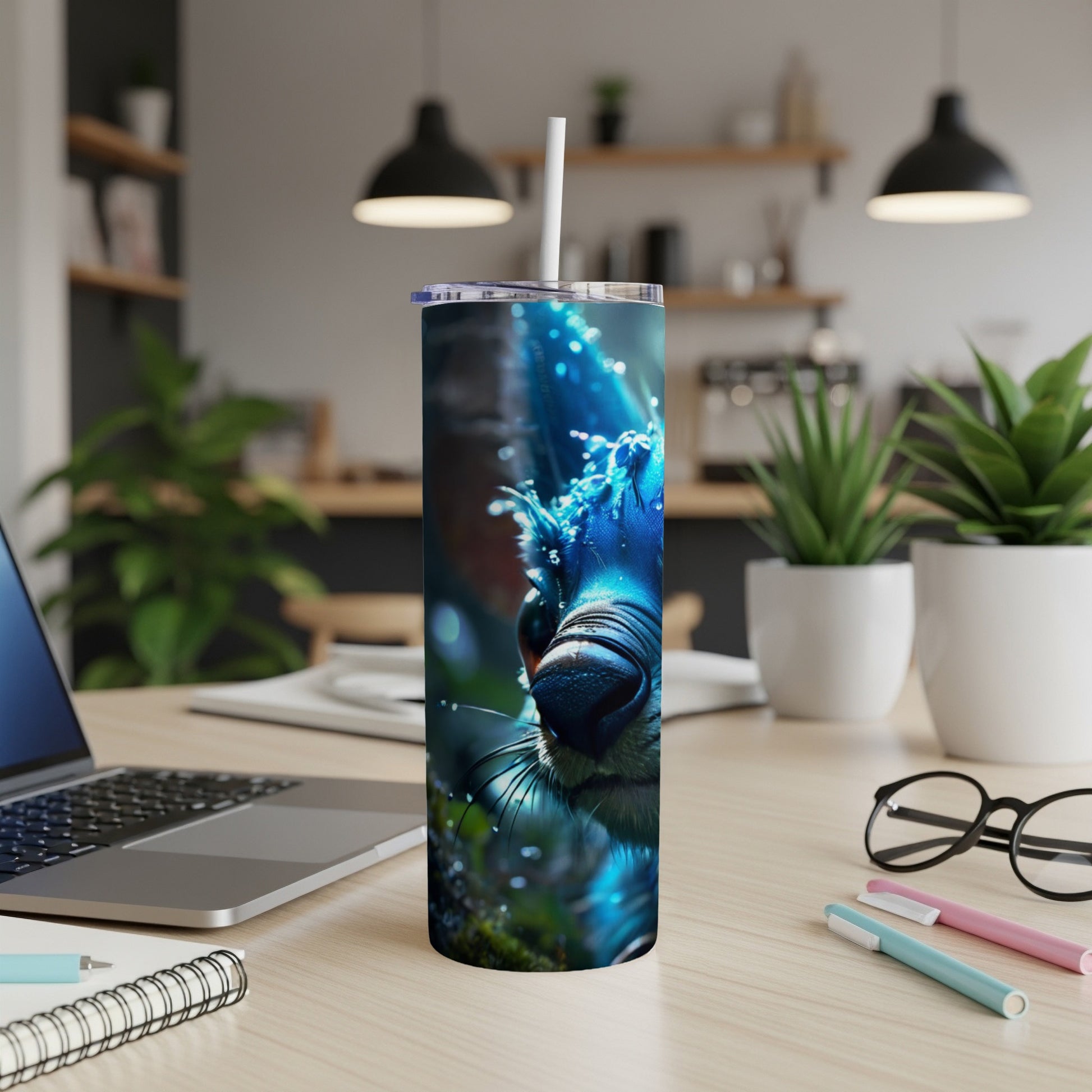 Blue squirrel design on a skinny tumbler with straw on a desk.
